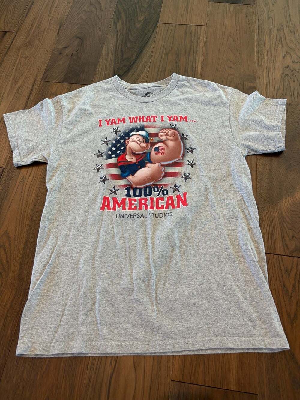 Universal Studios Popeye 100% American I Yam What I Yam Heather Gray T-Shirt Med